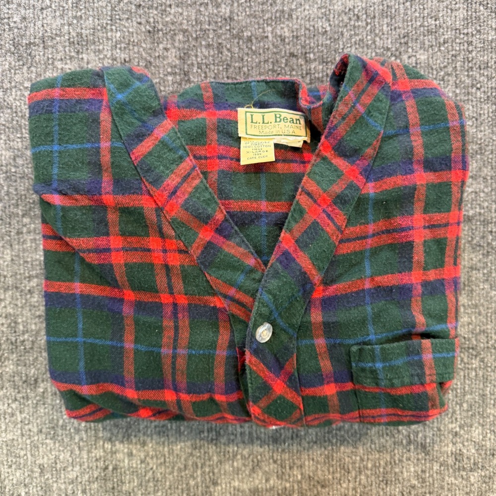 Vintage LL Bean Men XL Flannel Nightshirt Red Green Plaid Cotton Sleepwear USA - Picture 11 of 12